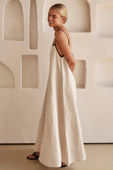 Spaghetti Strap Boat Neck Loose Fit Maxi Dresses-Beige